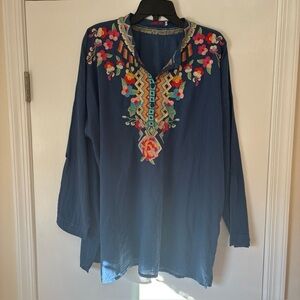 Johnny Was blue embroidered tunic size XL